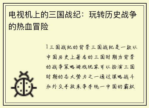 电视机上的三国战纪:玩转历史战争的热血冒险 电视机上的三国战纪:玩转历史战争的热血冒险